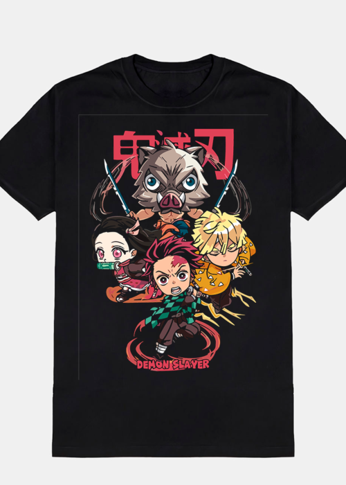 Remera de Demon Slayer Personajes Chibi – Unisex, Negra, 100% Algodón